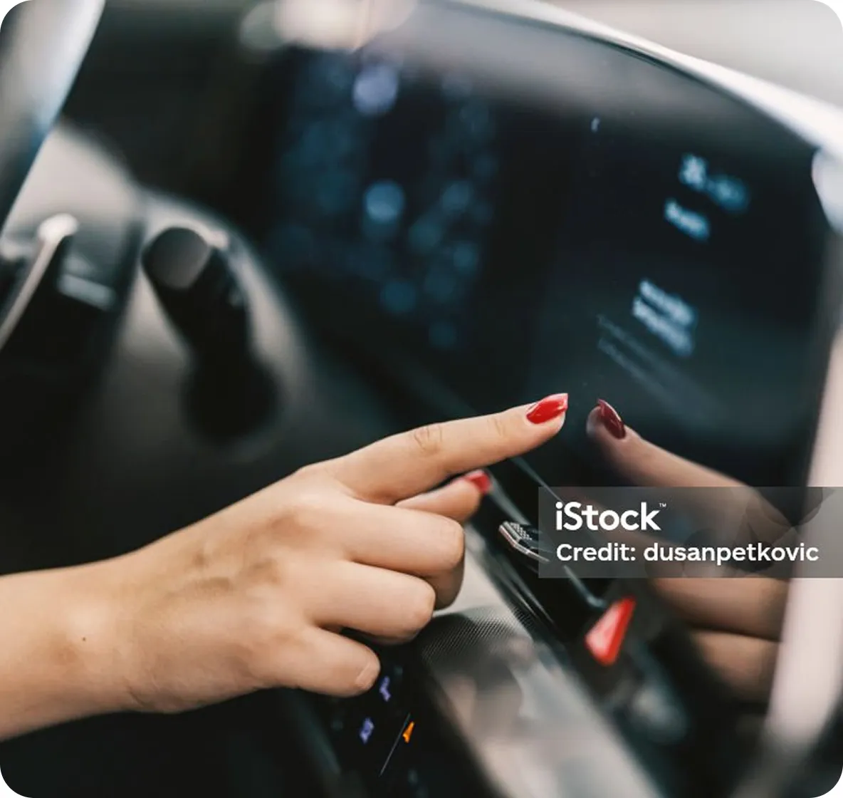 A car dashboard showing radio features